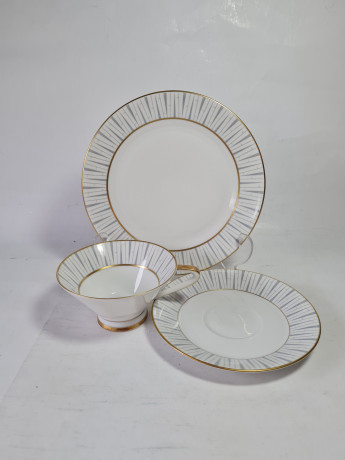 Чайное трио винтажное Konigel.prv. / Tettau 1794, серо-золотой декор, фарфор, Германия, 1960-70гг.