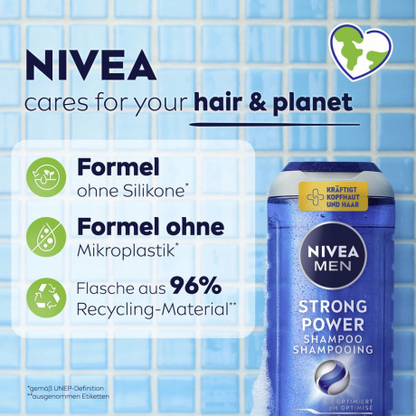 NIVEA MEN Strong Power Shampoo, 250 ml, Нивеа Мужской шампунь укрепляющий, морские минералы, сила и объём, 250 мл