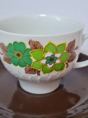 Чайное трио винтажное Mitterteich Bavaria, бело-коричневый фарфор с зеленым цветочным декором, 11 x 6,5 см / 14,5 см / 20 см, Германия, 1960-70гг.