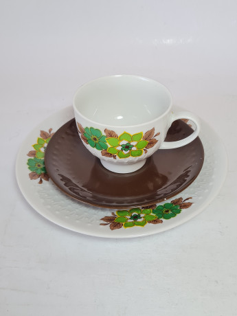 Чайное трио винтажное Mitterteich Bavaria, бело-коричневый фарфор с зеленым цветочным декором, 11 x 6,5 см / 14,5 см / 20 см, Германия, 1960-70гг.