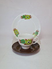 Чайное трио винтажное Mitterteich Bavaria, бело-коричневый фарфор с зеленым цветочным декором, 11 x 6,5 см / 14,5 см / 20 см, Германия, 1960-70гг.