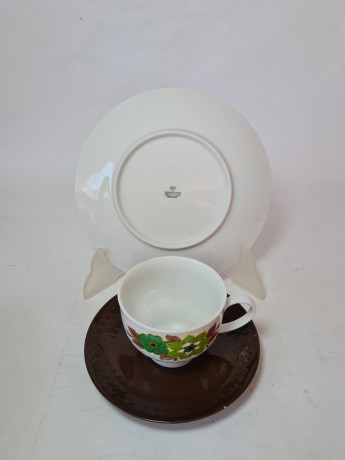 Чайное трио винтажное Mitterteich Bavaria, бело-коричневый фарфор с зеленым цветочным декором, 11 x 6,5 см / 14,5 см / 20 см, Германия, 1960-70гг.