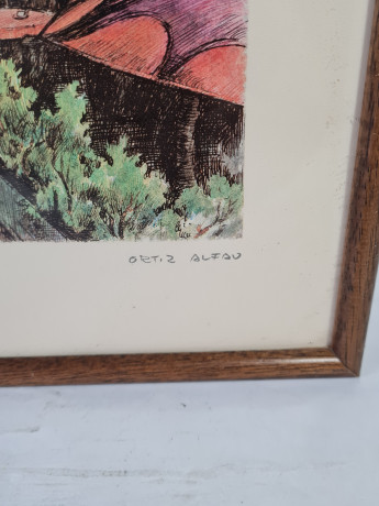 Картина винтажная Kunsthaus Schaller KG / Otriz Alfau "Площадь Тертр в Париже", под стеклом, 55 x 28 см, Германия, 1960-1970гг.