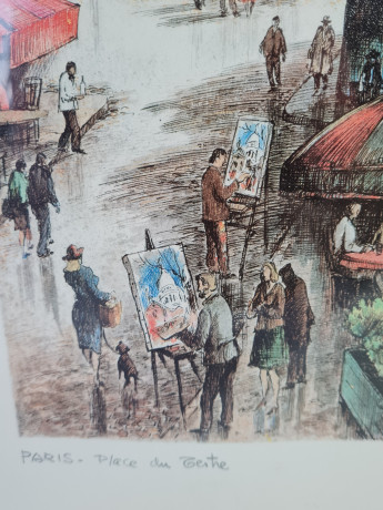 Картина винтажная Kunsthaus Schaller KG / Otriz Alfau "Площадь Тертр в Париже", под стеклом, 55 x 28 см, Германия, 1960-1970гг.