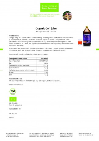 Krauterhaus Sanct Bernhardt Organic Goji juice1 Liter