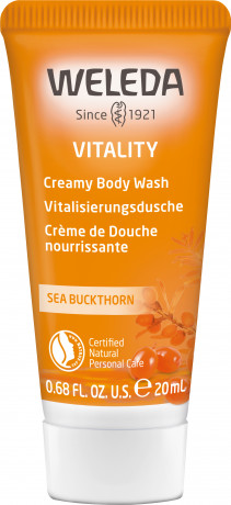 WELEDA Vitality - Vitalisierungsdusche Sanddorn, 20 ml, Облепиховый крем-гель для душа Vitality с натуральными эфирными маслами, дорожный формат, 20 мл
