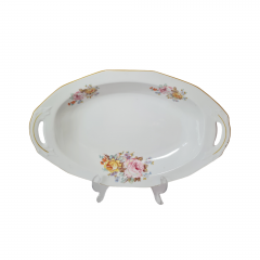 Erichwald Белое овальное фарфоровое блюдо с ручками с цветочным рисунком и позолотой, 34,5 x 22 x 5,5 см, Германия, 1960-70гг.
