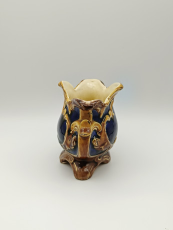 Конфетница винтажная B.W., майолика, в сине-коричневых тонах с позолотой, с необычным рваным краем, на ножках, керамика, 14 х 10 см, Франция, 1970-80гг.