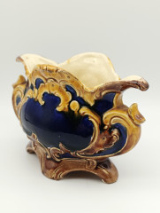 Конфетница винтажная B.W., майолика, в сине-коричневых тонах с позолотой, с необычным рваным краем, на ножках, керамика, 14 х 10 см, Франция, 1970-80гг.