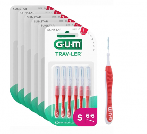 GUM Trav-ler 0,8 мм ISO 1, Red, 6st x 6packs (36st), Межзубные ёршики  красные, для чистки межзубных промежутков, уход за дёснами набор 36 шт (6x6)