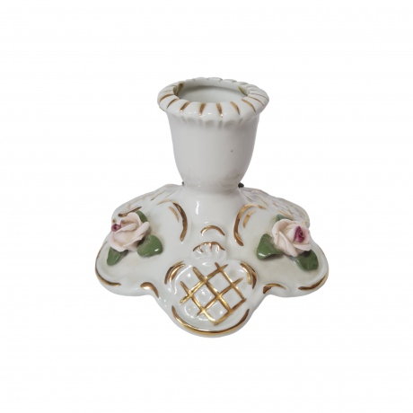 Подсвечник винтажный K D, белый фарфор с декором из роз и с позолотой, 7 x 10 см, Германия, 1960-70гг.