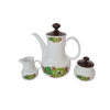 Набор чайный винтажный Mitterteich Bavaria, чайник, сахарница, молочник: бело-коричневый фарфор с зеленым цветочным декором, 23,5 x 21 см / 10 см / 9 см, Германия, 1960-70гг.