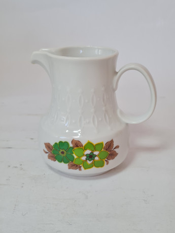 Набор чайный винтажный Mitterteich Bavaria, чайник, сахарница, молочник: бело-коричневый фарфор с зеленым цветочным декором, 23,5 x 21 см / 10 см / 9 см, Германия, 1960-70гг.