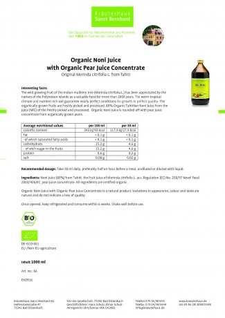 Krauterhaus Sanct Bernhardt Organic-Noni Juice with Organic-Pear Juice Concentrate, 1-л-бутылка
