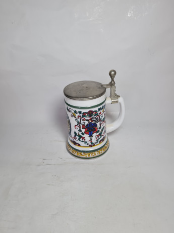 Немецкая пивная кружка винтажная BMF с ярким декором, с крышкой, фарфор / олово, 0.5 л, 19 см, Германия, 1960-70гг.