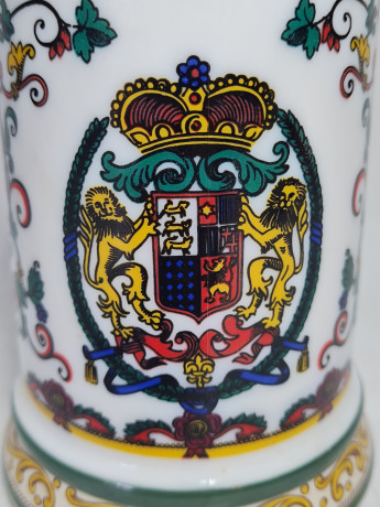 Немецкая пивная кружка винтажная BMF с ярким декором, с крышкой, фарфор / олово, 0.5 л, 19 см, Германия, 1960-70гг.