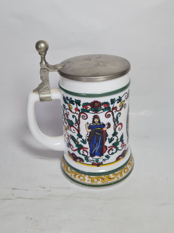 Немецкая пивная кружка винтажная BMF с ярким декором, с крышкой, фарфор / олово, 0.5 л, 19 см, Германия, 1960-70гг.