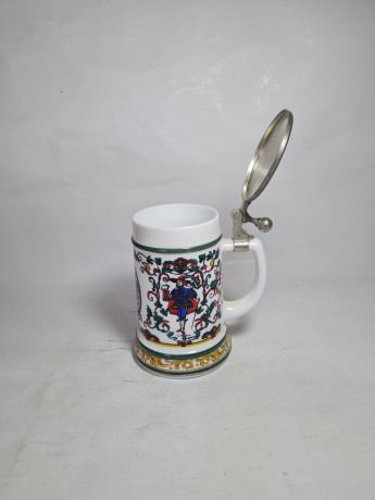 Немецкая пивная кружка винтажная BMF с ярким декором, с крышкой, фарфор / олово, 0.5 л, 19 см, Германия, 1960-70гг.