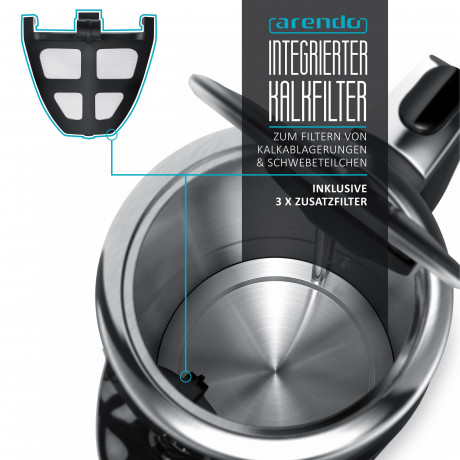Arendo Arendo Wasserkocher, 1,7 l, 3000 W, Edelstahl, Schnellkoch Funktion, Temperatureinstellung 70° C 100° C  Чайник Arendo, 1,7 л, 3000 Вт, нержавеющая сталь, функция быстрого закипания, регулировка температуры 70°С 100°С