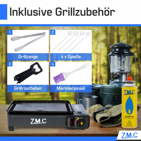 ZMC ZMC Gaskocher 2-in-1 Gaskocher inkl. Zubehor, Camping-Kocher mit 8x Gaskartuschen, (mit Grillplatte + Grillrost, stufenlos regulierbar, Tischgrill), mit Tragekoffer, 3,8kg, Piezo-Zundung Warmeleistung: 2,2KW  Газовая плита ZMC Газовая плита 2-в-1, вкл