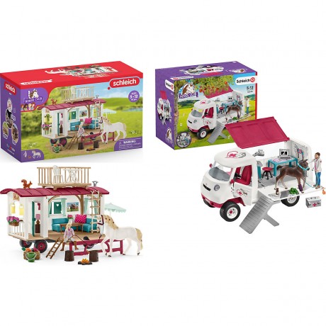 Schleich Schleich Horse Club Bundle: 42593 Wohnwagen fur geheime Club-Treffen + 42370 Mobile Tierarztin mit Hannoveraner Fohlen Комплект Schleich Horse Club: 42593 каравана для секретных встреч клуба + 42370 мобильный ветеринар с ганноверским жеребенком