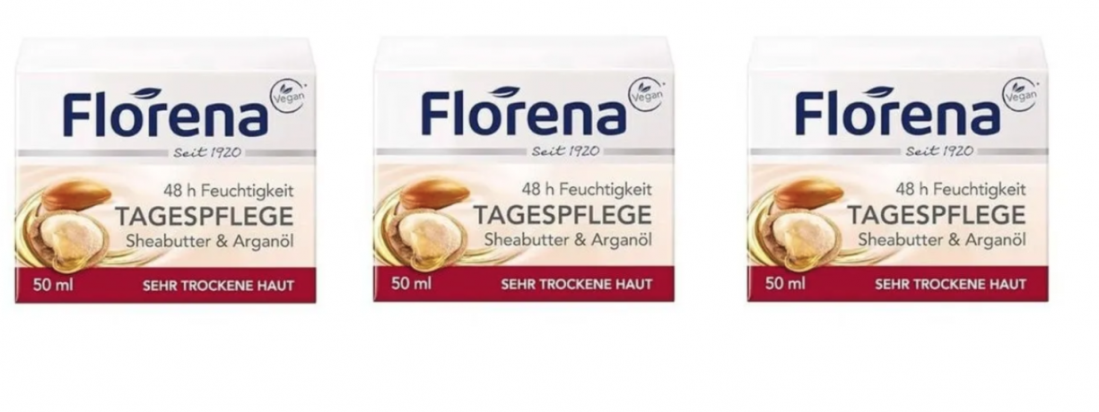  Florena Day Cream Sheabutter and arganol 50 ml x 3st, Крем для лица Florena с маслом ши и арганы, 48 часов увлажнения, для очень сухой кожи, дневной уход, питательный и восстанавливающий Набор 3 шт х 50 мл