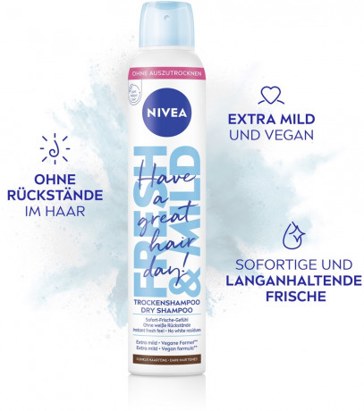 NIVEA Trockenshampoo Fresh & Mild fur dunkle Haartone, 200 ml, Нивеа Сухой шампунь для тёмных волос, без остатков, веганский, 200 мл