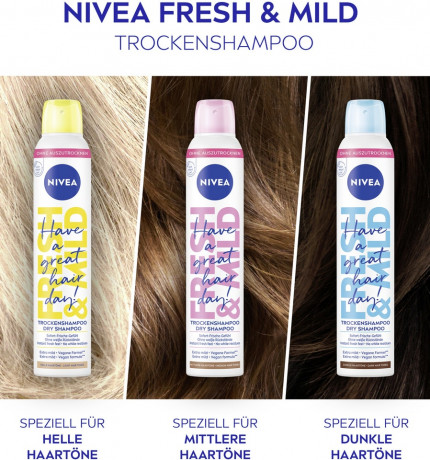 NIVEA Trockenshampoo Fresh & Mild fur dunkle Haartone, 200 ml, Нивеа Сухой шампунь для тёмных волос, без остатков, веганский, 200 мл