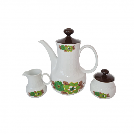Набор чайный винтажный Mitterteich Bavaria, бело-коричневый фарфор с зеленым цветочным декором, на 5 персон, Германия, 1960-70гг.
