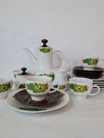Набор чайный винтажный Mitterteich Bavaria, бело-коричневый фарфор с зеленым цветочным декором, на 5 персон, Германия, 1960-70гг.