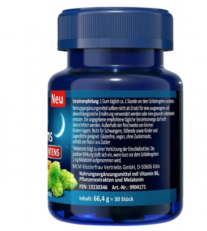Klosterfrau Schlaf Gums Intens Melatonin 30st, Витамины Мелатонин 1,9 мг, Германия, 30 жевательных пастилок, для вечернего приёма, мелатонин + витамин B6, с мелиссой