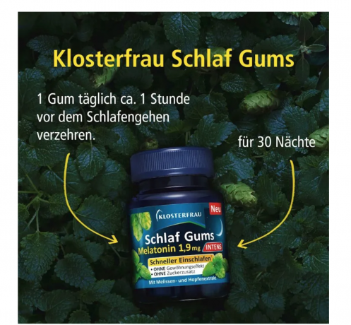 Klosterfrau Schlaf Gums Intens Melatonin 30st, Витамины Мелатонин 1,9 мг, Германия, 30 жевательных пастилок, для вечернего приёма, мелатонин + витамин B6, с мелиссой