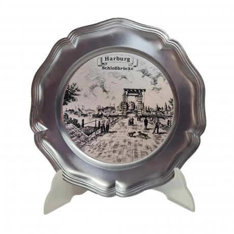 Тарелка винтажная декоративная с изображением моста в Гамбурге, олово, 23 x 2 см, Германия, 1960-70гг.