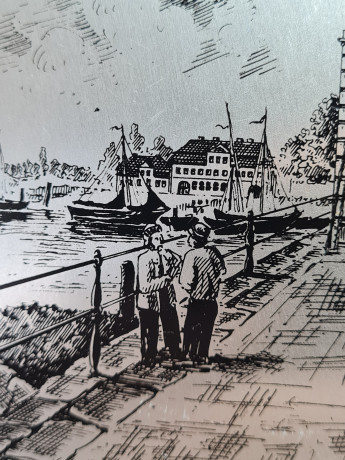 Тарелка винтажная декоративная с изображением моста в Гамбурге, олово, 23 x 2 см, Германия, 1960-70гг.