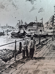 Тарелка винтажная декоративная с изображением моста в Гамбурге, олово, 23 x 2 см, Германия, 1960-70гг.