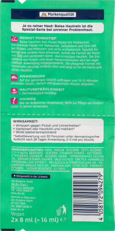 Balea Maske Hautrein Anti-Pickel Балеа Маска для лица против прыщей и высыпаний с маслом чайного дерева, салициловой кислотой и цинком, 16 мл