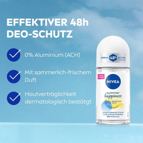 NIVEA Summer Happiness Deodorant Roll-On, 50 ml, Нивеа Дезодорант ролик, летний аромат, 0% алюминия, 48ч защита, 50 мл