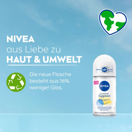 NIVEA Summer Happiness Deodorant Roll-On, 50 ml, Нивеа Дезодорант ролик, летний аромат, 0% алюминия, 48ч защита, 50 мл