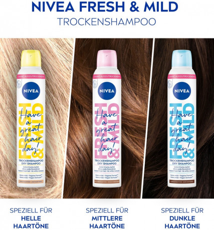 NIVEA Trockenshampoo Fresh & Mild fur mittlere Haartone, 200 ml, Нивеа Сухой шампунь для средних волос, без остатков, веганский, 200 мл