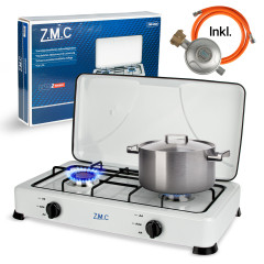 ZMC ZMC Gaskocher Tragbarer Gaskocher Campingkocher 2-flammig inkl. Schlauch und Regler, 2,2 kW 50 mBar Outdoor Gasherd Kochfeld Herd Propangas Tischkocher  Газовая плита ZMC, переносная газовая плита, походная плита, 2 пламени, включая шланг и регулятор,
