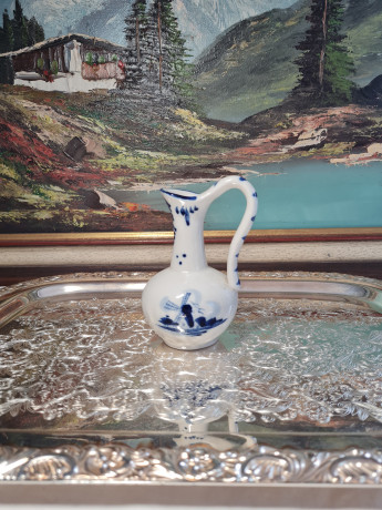 Delft Винтажный кувшин, белый фарфор с голубым рисунком "Мельницы", 12 x 7,5 см, Германия, 1960-70гг.