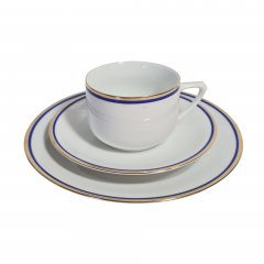 Чайное трио винтажное Jaeger&amp;Co / PMR Bavaria с синей и золотой полосой, фарфор, Германия, 1960-70гг.