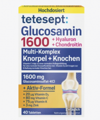 tetesept Glucosamin 1600 Tabletten 40 St, tetesept тетесепт Глюкозамин 1600 c гиалуроновой кислотой, цинком, медью и витаминами C, D3 и K1, 40 штук