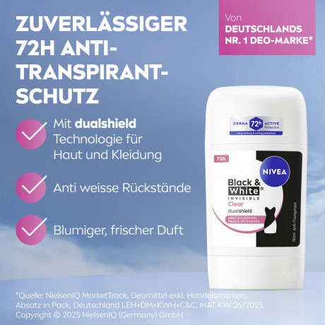 NIVEA Black & White Invisible Clear Anti-Transpirant Stick, 50 ml, Нивеа Антиперспирант стик, невидимый, защита одежды от пятен, 72ч защита от пота, 50 мл