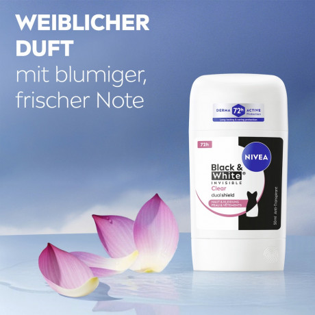NIVEA Black & White Invisible Clear Anti-Transpirant Stick, 50 ml, Нивеа Антиперспирант стик, невидимый, защита одежды от пятен, 72ч защита от пота, 50 мл