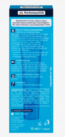 Balea Augencreme Aqua Augen Roll-On 15 ml, Крем-роллер охлаждающий против темных кругов под глазами c экстрактом морских водорослей и витамином Е, 15 мл