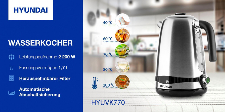 Hyundai Hyundai Wasserkocher VK770, 1,7 l, 2200 W, LED, Temperatureinstellung 40-100°C, KEEP WARM-Funktion bis 120 Min. Чайник Hyundai VK770, 1,7 л, 2200 Вт, LED, регулировка температуры 40-100°С, функция KEEP WARM до 120 минут.