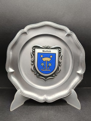 Тарелка декоративная винтажная &quot;Герб города Штеттфельд&quot; / Серия &quot;Геральдика&quot;, яркий декор, олово (95%), 23 см, Германия, 1970-80гг.