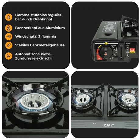 ZMC ZMC Gaskocher 2in1 Campingkocher mit Grillplatte 2 Flammig + 28x Gaskartuschen 227g, (mit Piezozundung Grill Platte Tischgrill Doppel Gasbrenner Gasgrill Kochfeld mit LPG Anschluss Warmeleistung: 2,3KW), Outdoor Camping Gas Kocher Butan Gas Gaskocher 