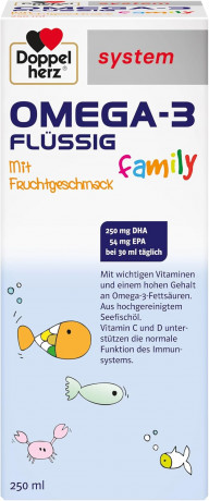 Doppelherz system Omega-3 Family flussig mit Fruchtgeschmack, Доппельгерц ОМЕГА-3 из морской рыбы + Витамины A, C, D и B12, сироп с фруктовым вкусом для детей с 4-х лет и взрослых, 250 мл x 2 штуки